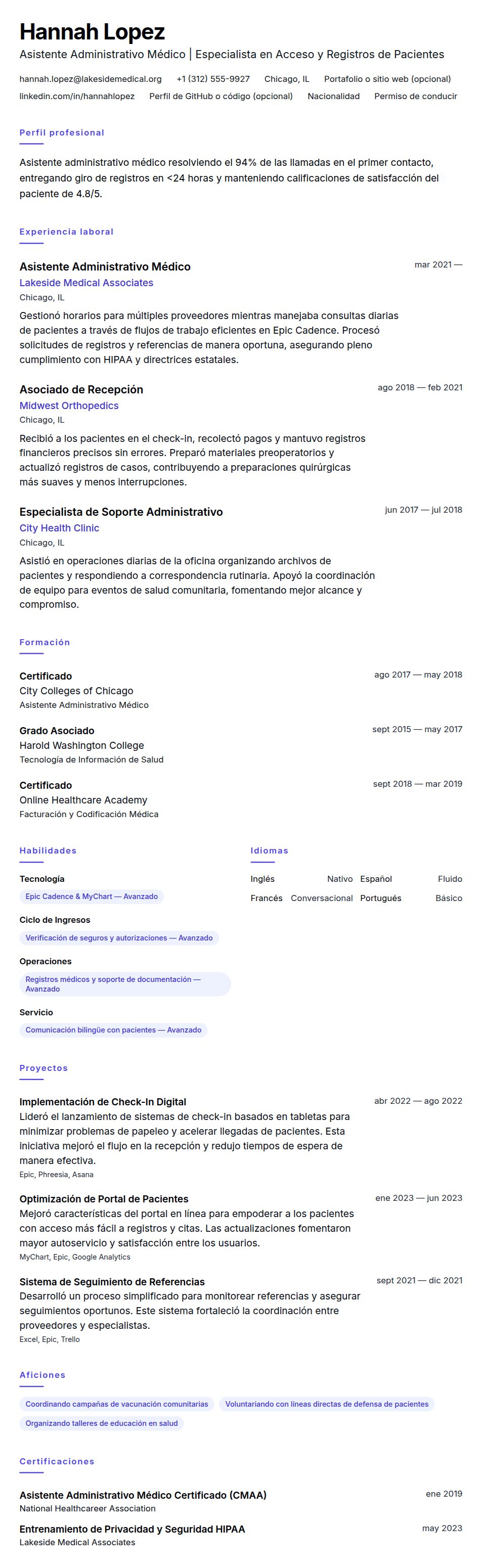 Vista previa del currículum Ejemplo de Currículum de Asistente Administrativo Médico
