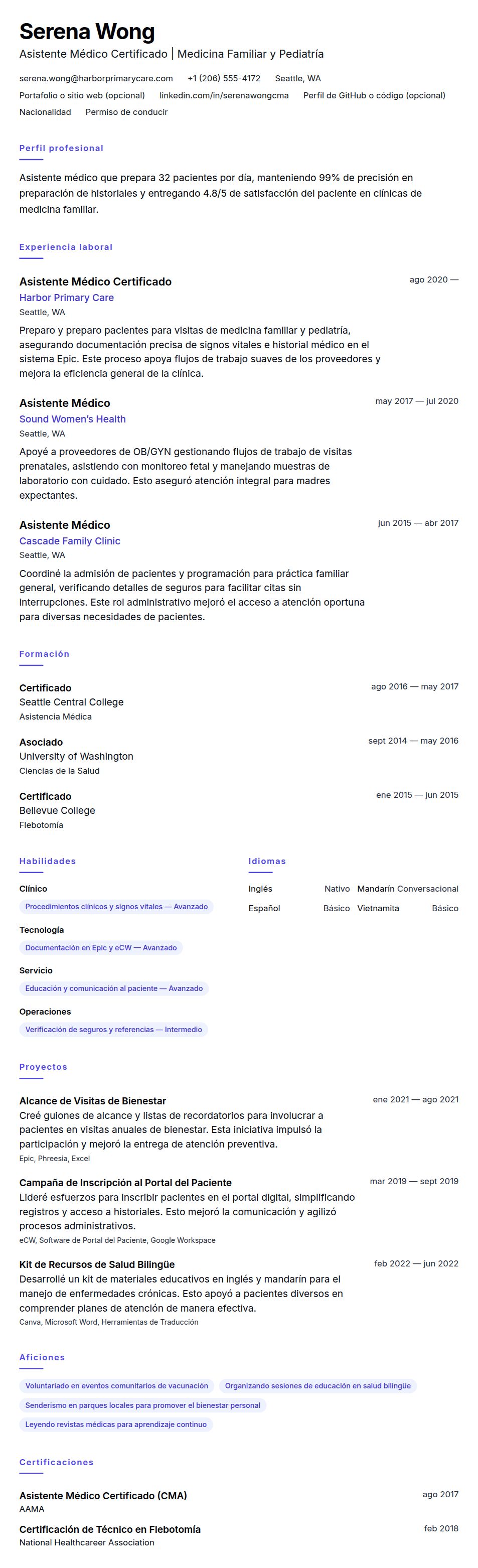 Vista previa del currículum Ejemplo de Currículum de Asistente Médico