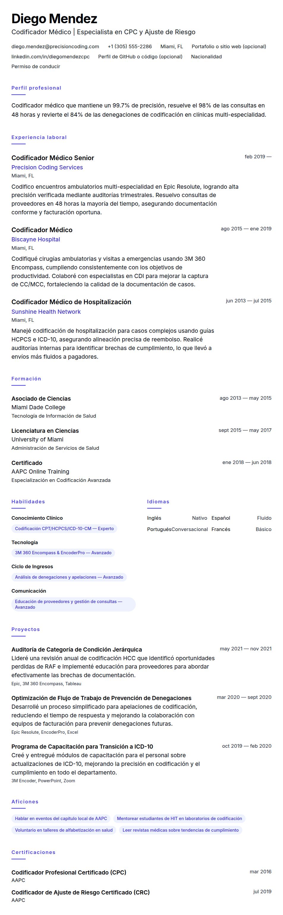 Ejemplo de Currículum de Codificador Médico