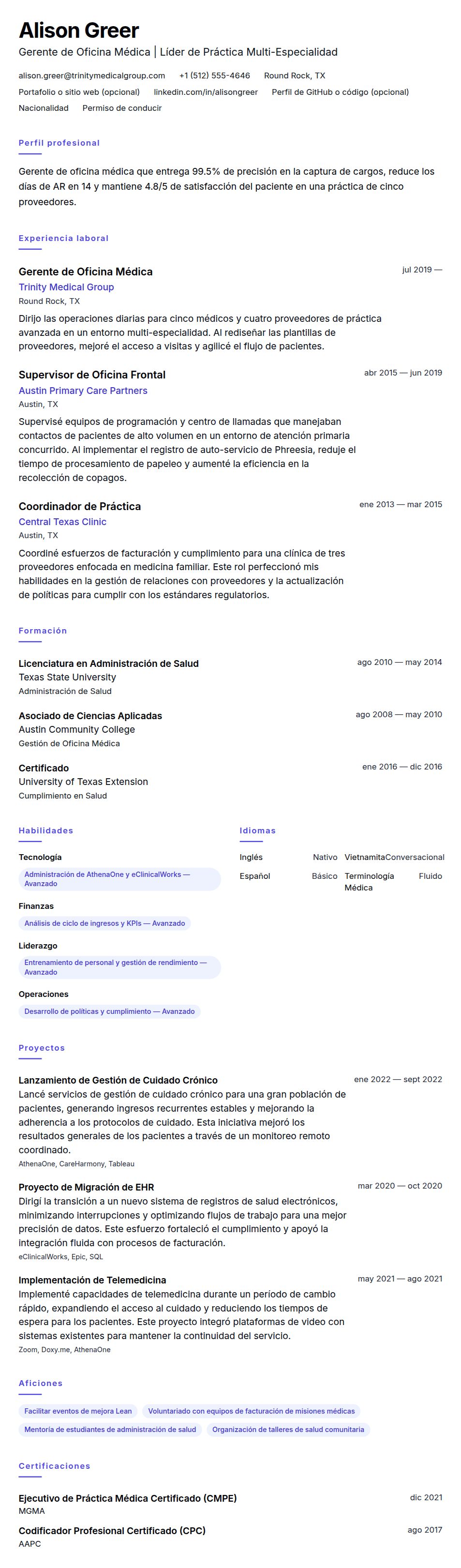 Vista previa del currículum Ejemplo de Currículum de Gerente de Oficina Médica