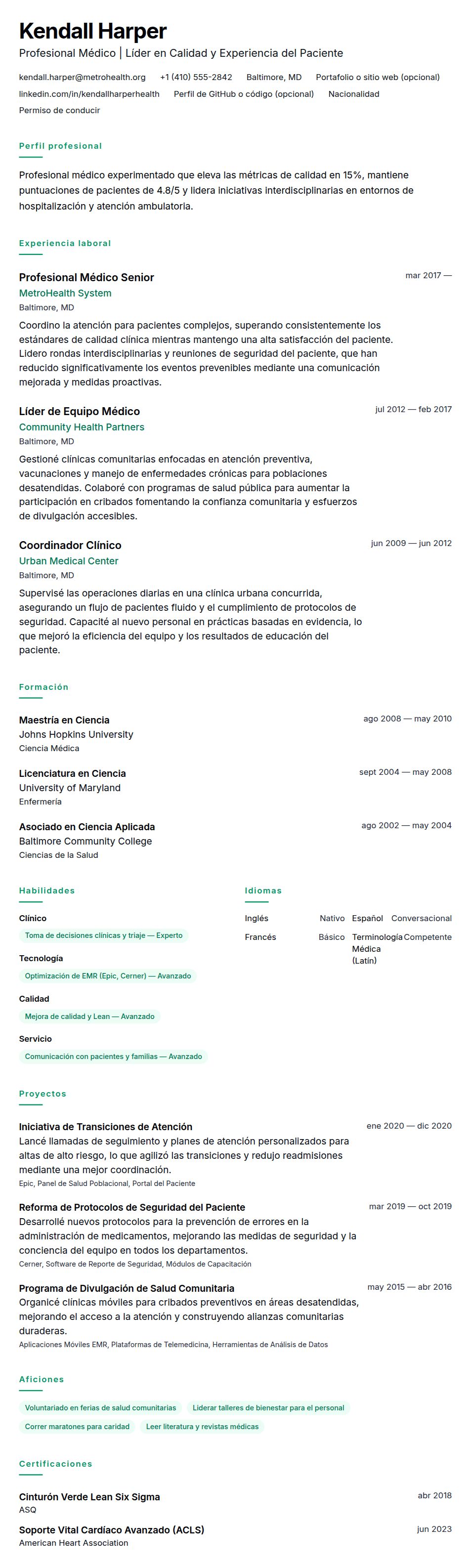Vista previa del currículum Ejemplo de Currículum para Profesional Médico