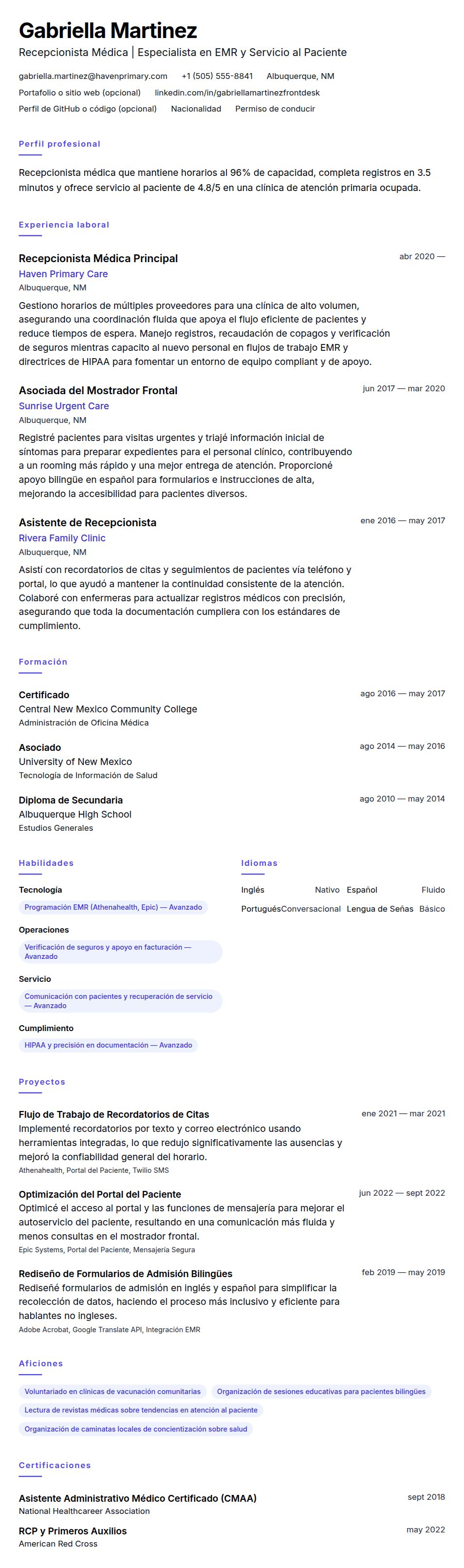 Vista previa del currículum Ejemplo de Currículum de Recepcionista Médica