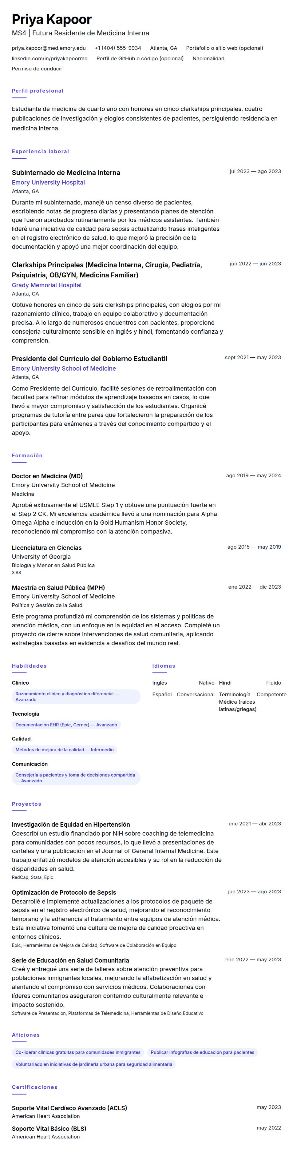 Vista previa del currículum Ejemplo de Currículum de Estudiante de Medicina