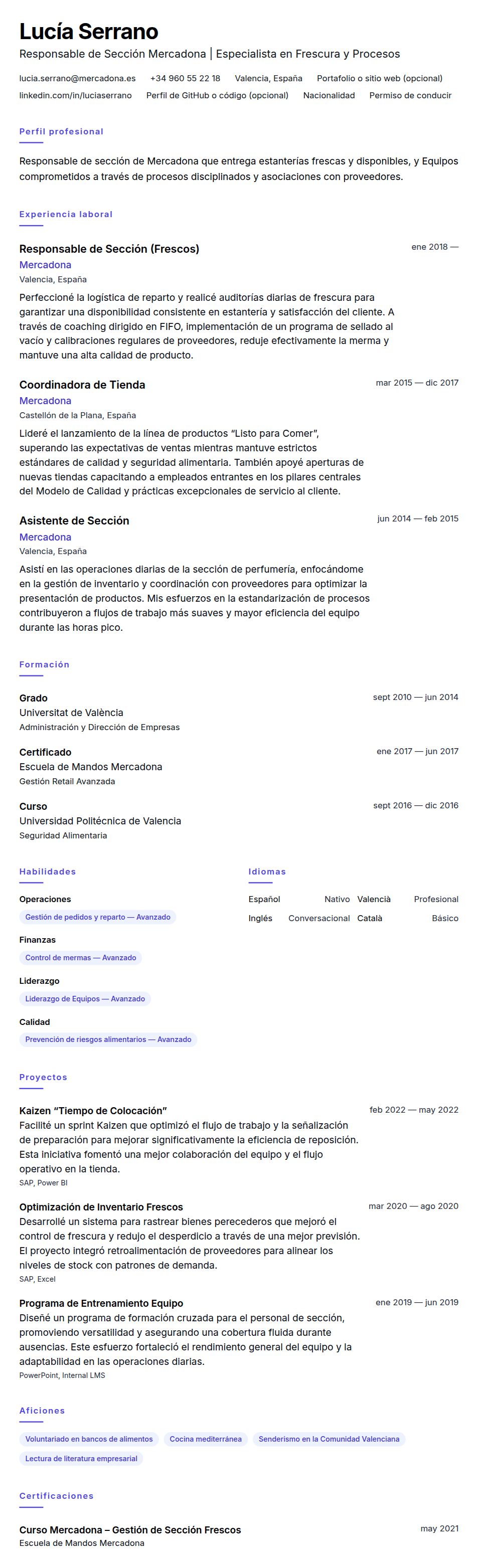 Vista previa del currículum Ejemplo de Currículum de Responsable de Sección Mercadona