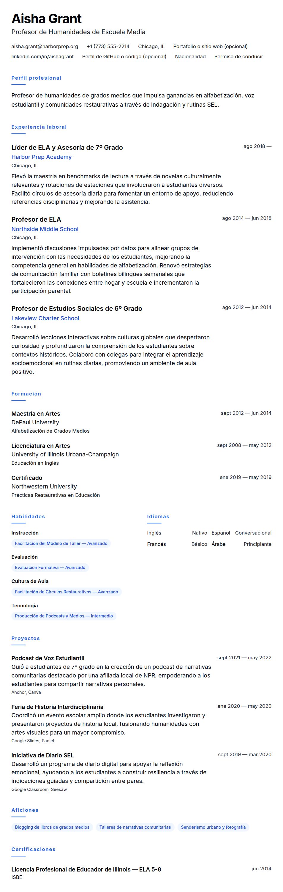 Vista previa del currículum Ejemplo de Currículum de Profesor de Escuela Media