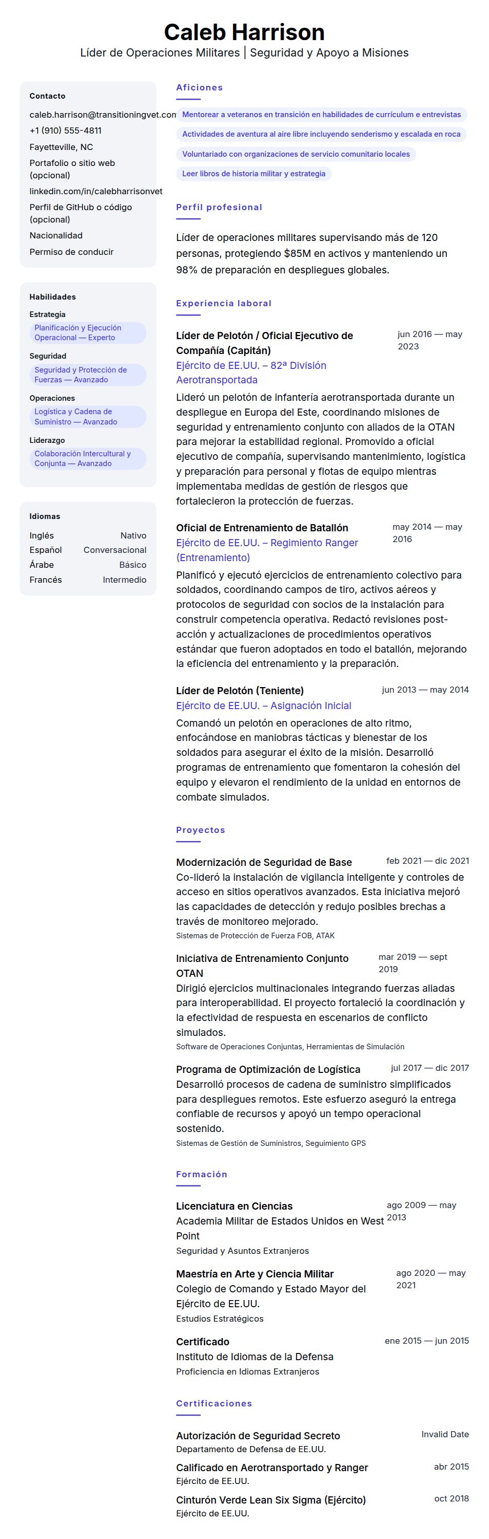 Ejemplo de Currículum de Miembro del Servicio Militar