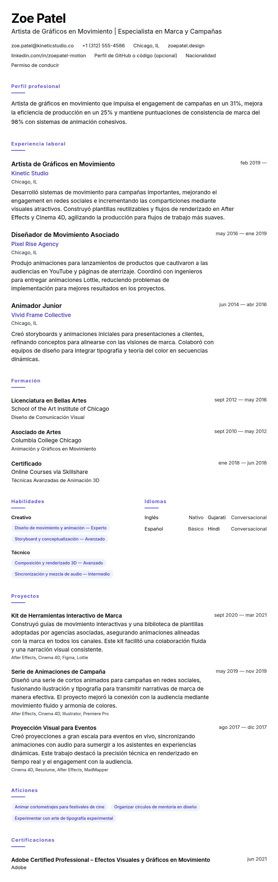 Vista previa del currículum Ejemplo de Currículum de Artista de Gráficos en Movimiento
