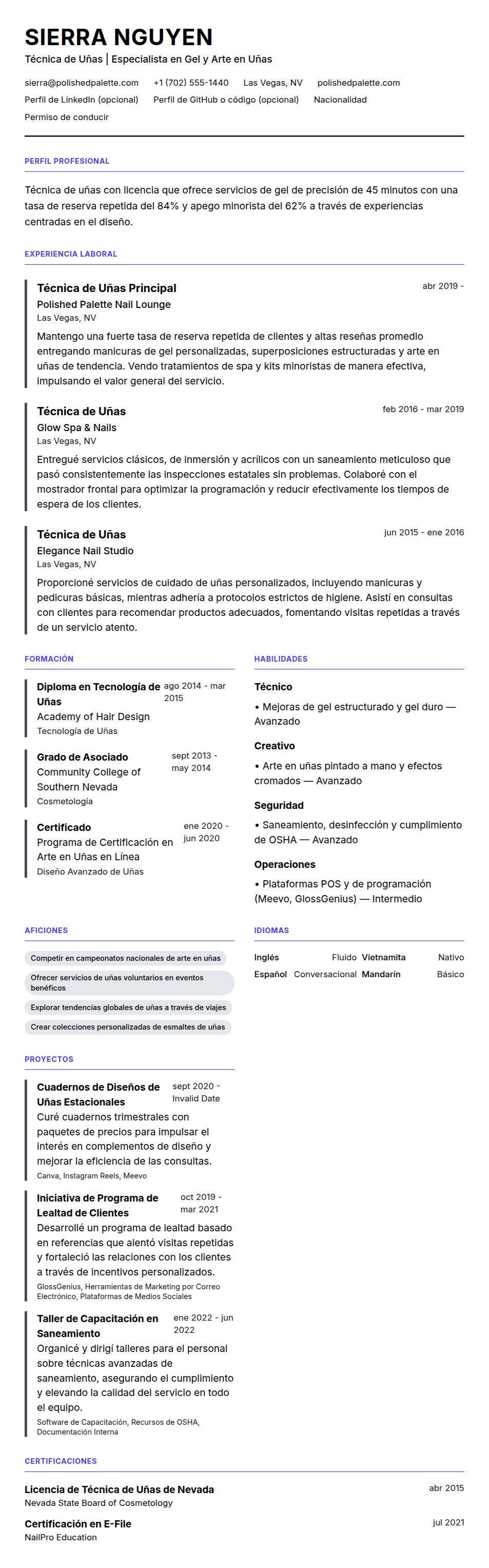 Ejemplo de Currículum de Técnica de Uñas
