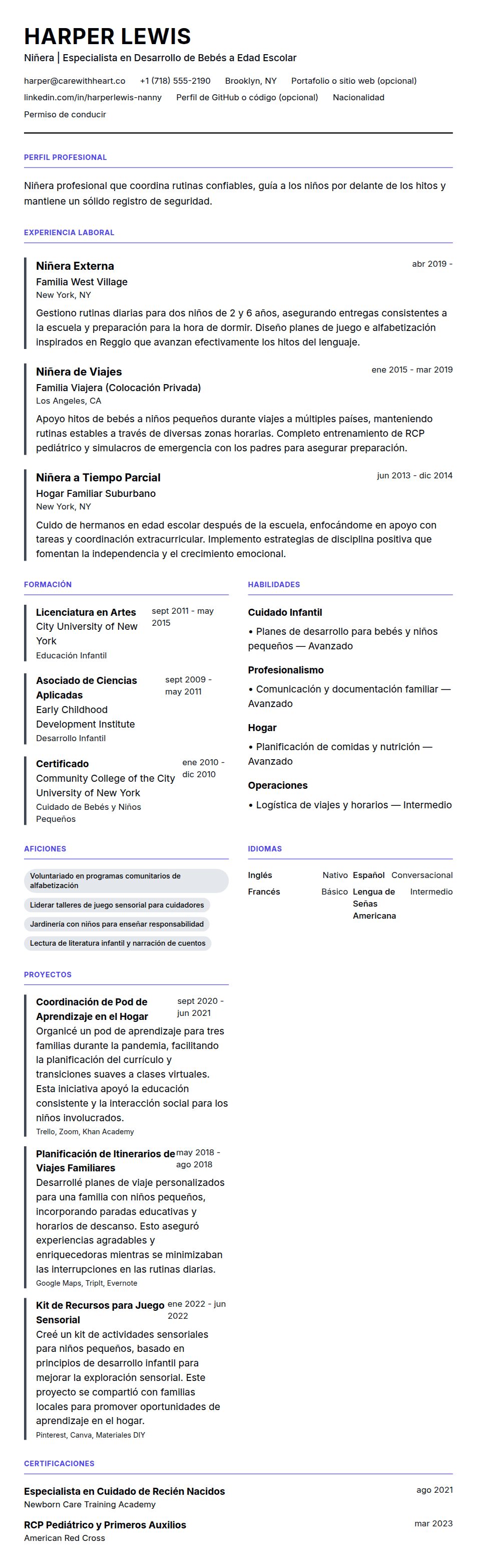 Vista previa del currículum Ejemplo de Currículum de Niñera