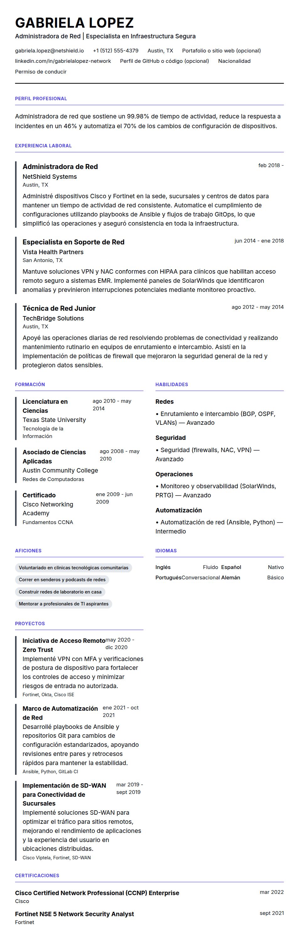 Vista previa del currículum Ejemplo de Currículum de Administrador de Red