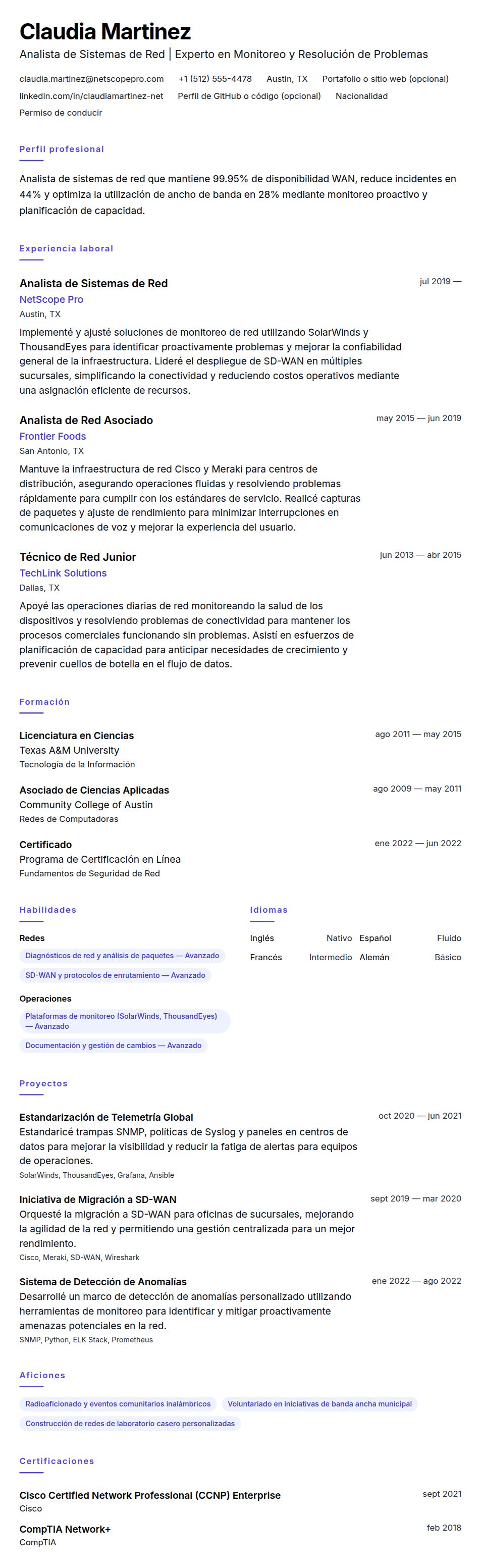 Ejemplo de Currículum de Analista de Sistemas de Red