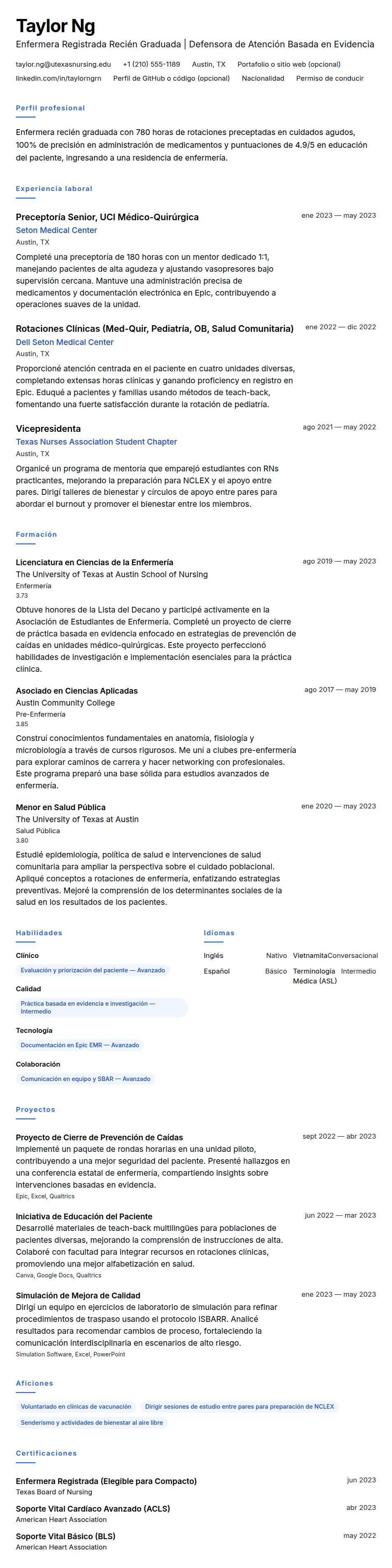 Vista previa del currículum Ejemplo de Currículum para Enfermera Recién Graduada