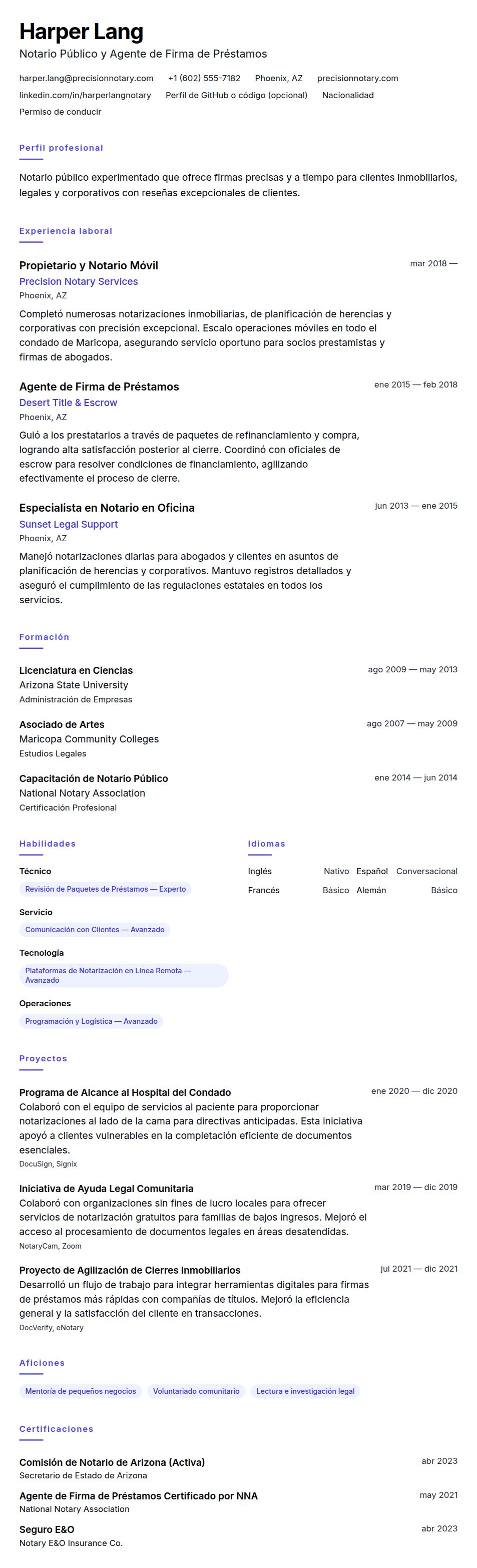 Vista previa del currículum Ejemplo de Currículum de Notario