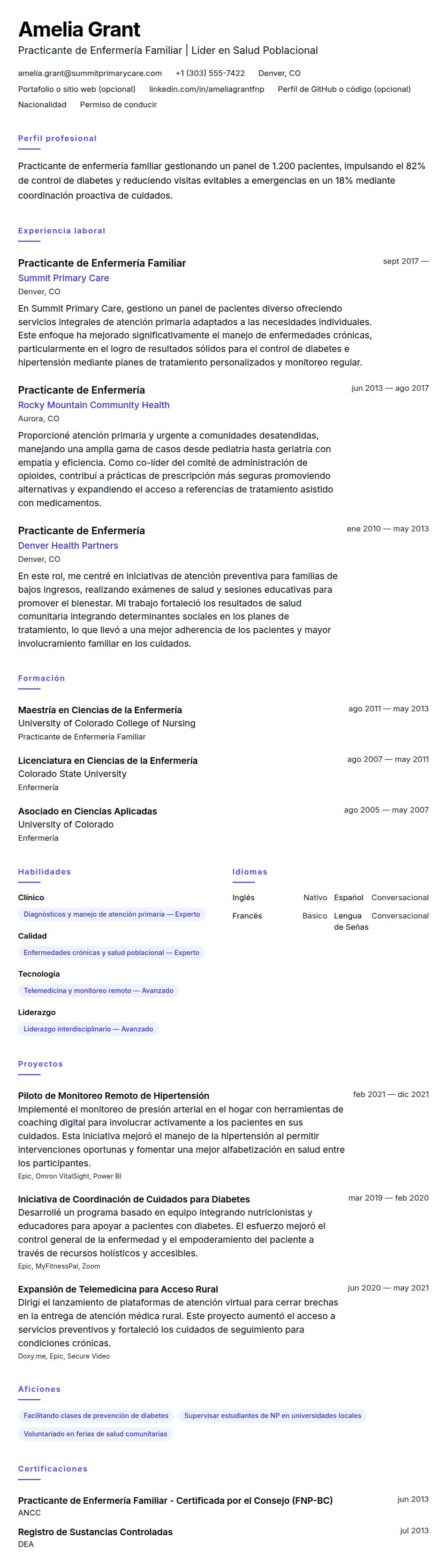 Ejemplo de Currículum de Practicante de Enfermería