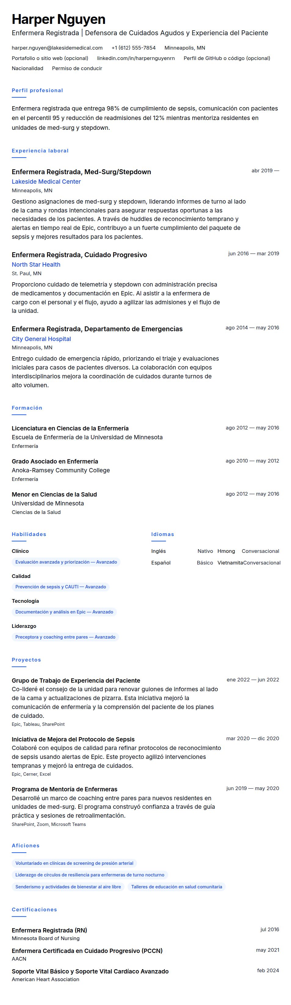 Vista previa del currículum Ejemplo de Currículum de Enfermera