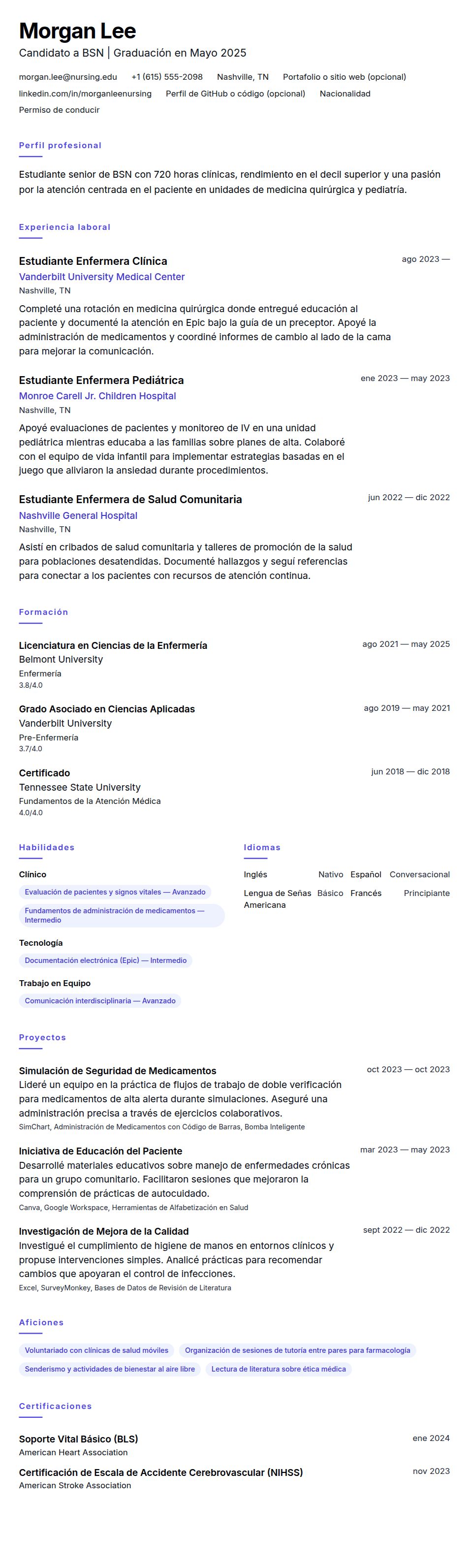 Vista previa del currículum Ejemplo de Currículum para Estudiante de Enfermería