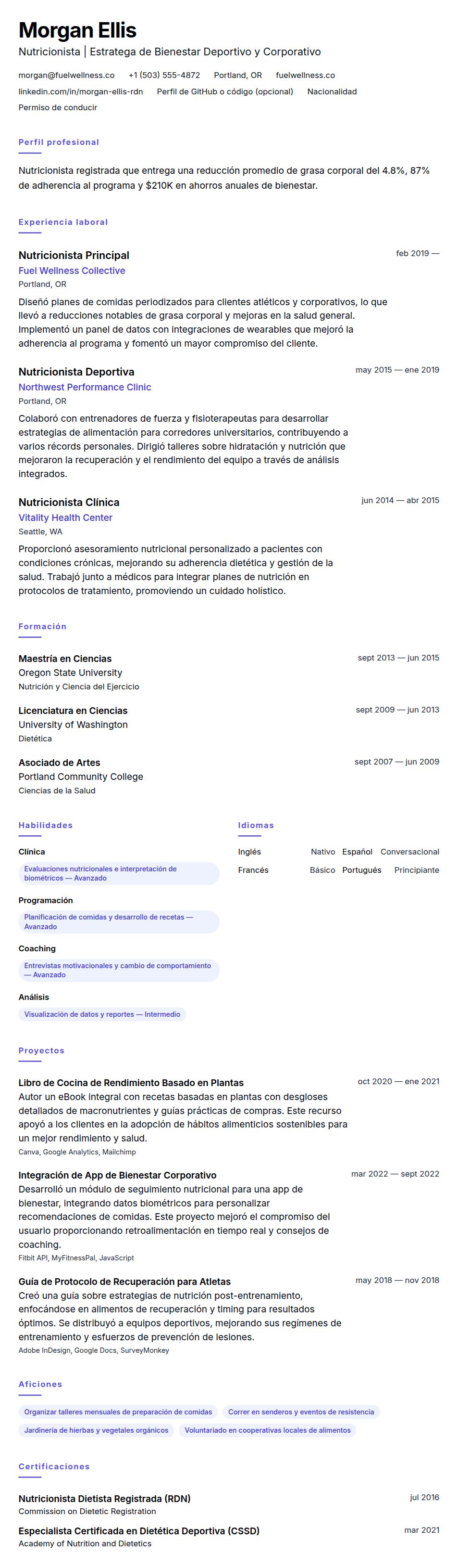 Vista previa del currículum Ejemplo de Currículum de Nutricionista