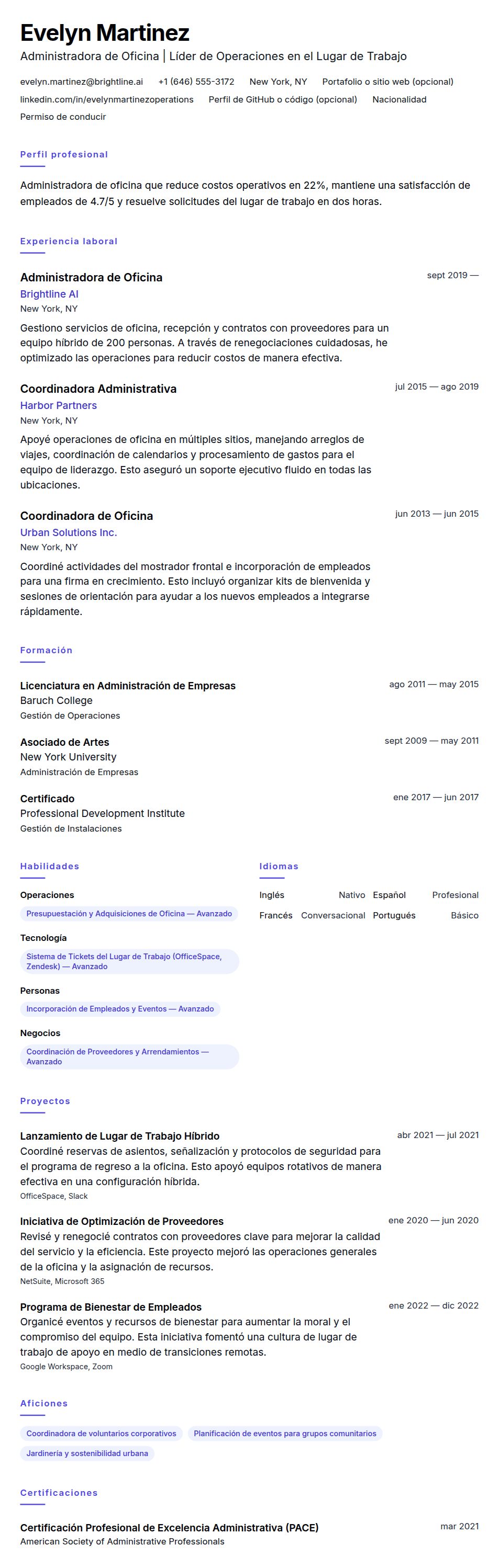 Vista previa del currículum Ejemplo de Currículum de Administrador de Oficina