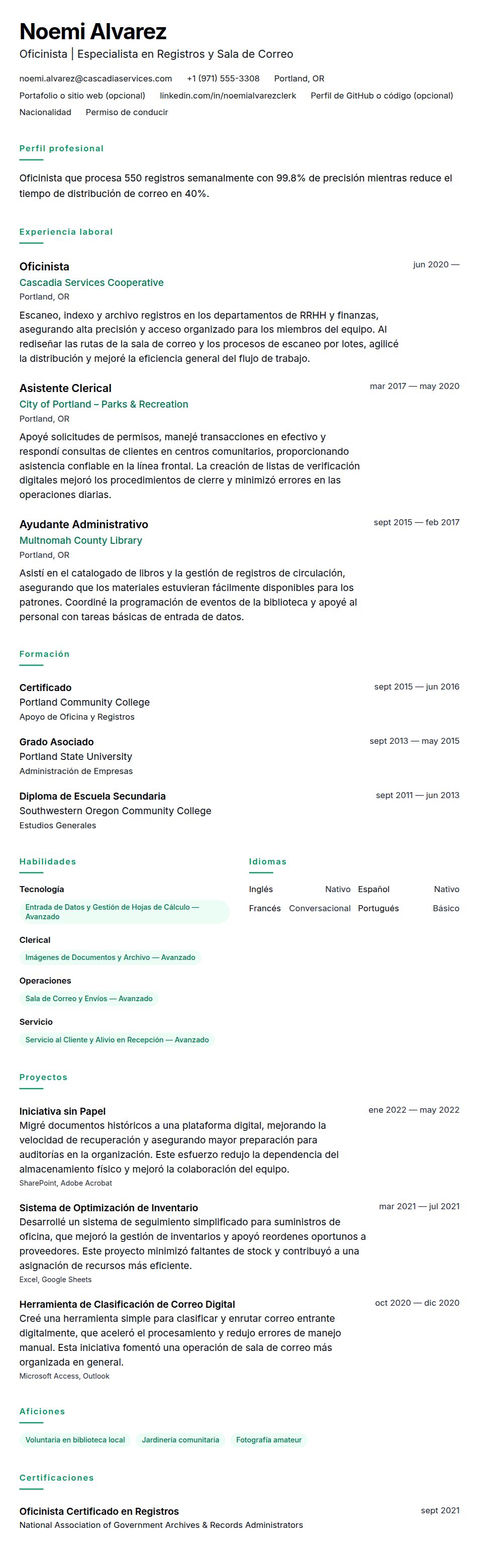 Ejemplo de Currículum de Oficinista