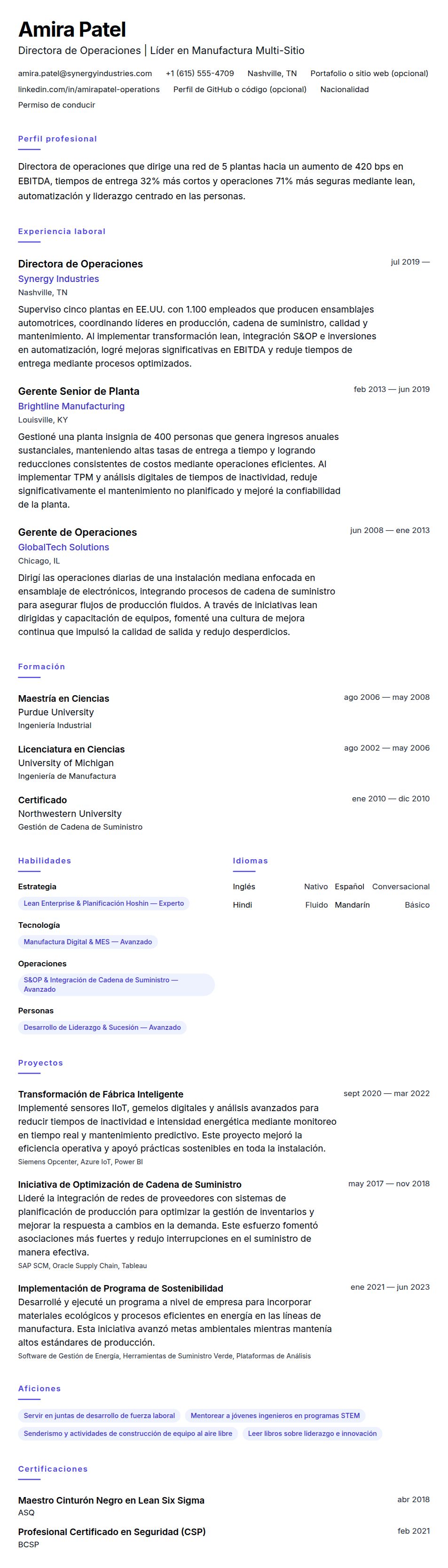Vista previa del currículum Ejemplo de Currículum de Director de Operaciones