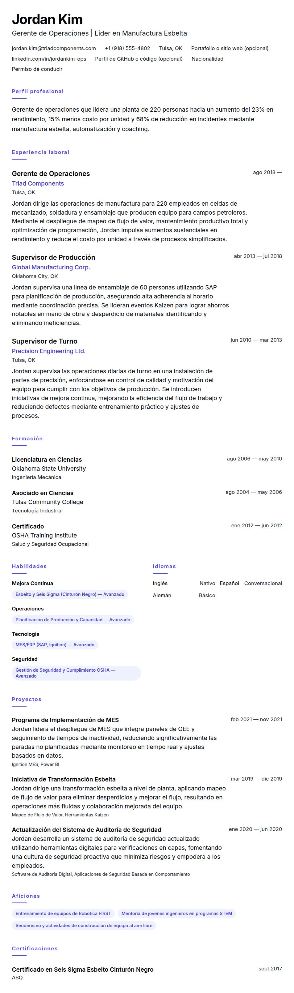 Vista previa del currículum Ejemplo de Currículum de Gerente de Operaciones