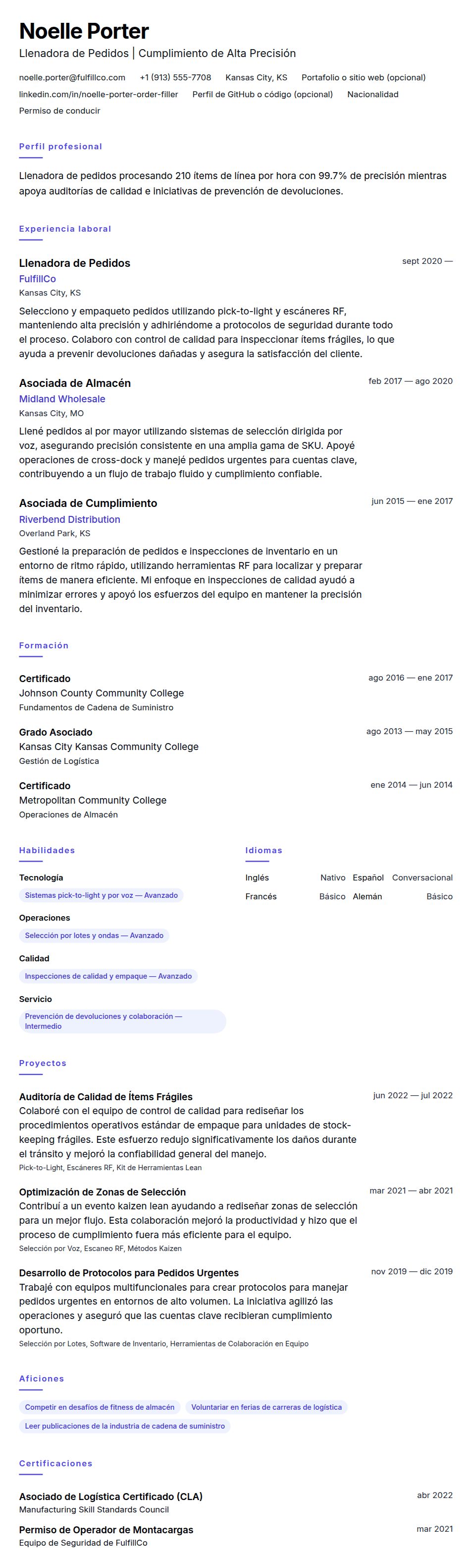Vista previa del currículum Ejemplo de Currículum de Llenador de Pedidos