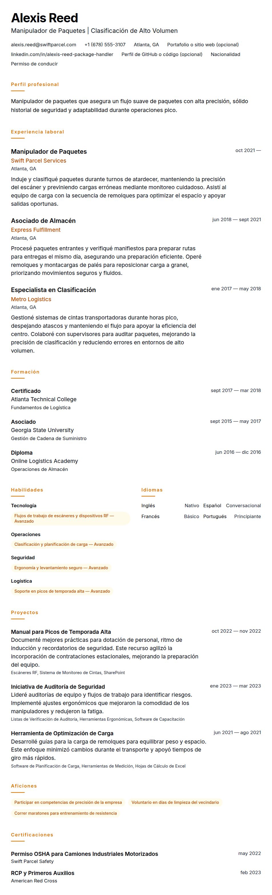 Ejemplo de Currículum de Manipulador de Paquetes
