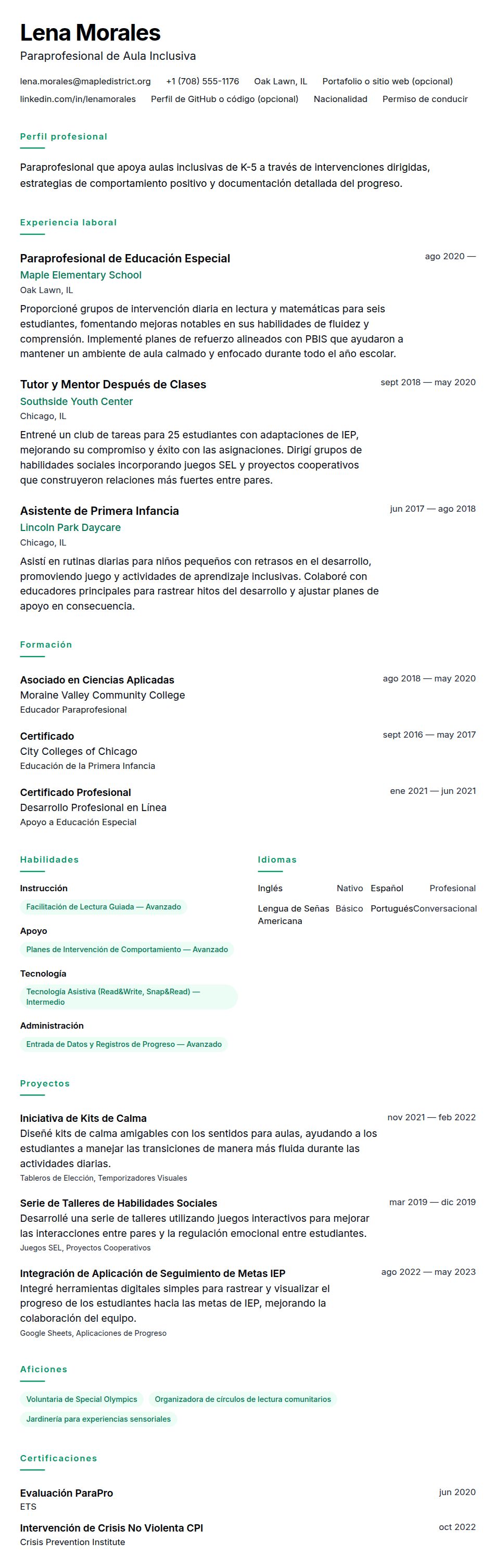 Vista previa del currículum Ejemplo de Currículum de Paraprofesional