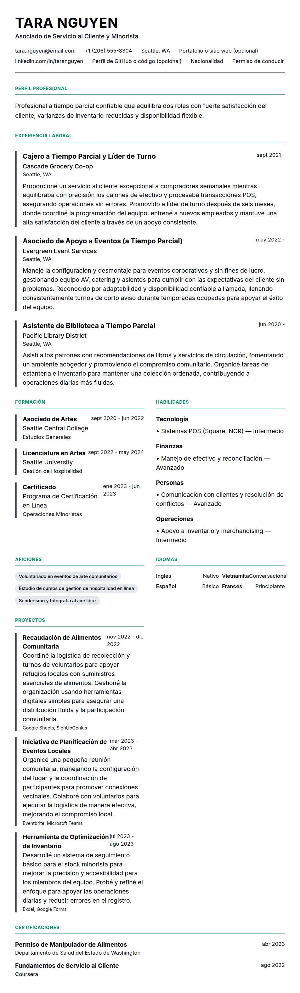 Vista previa del currículum Ejemplo de Currículum para Trabajo a Tiempo Parcial