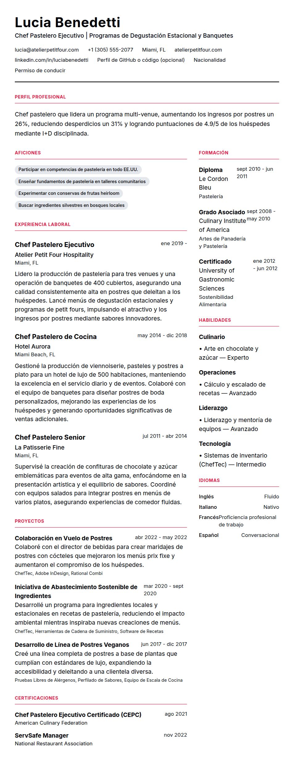 Vista previa del currículum Ejemplo de Currículum de Chef Pastelero
