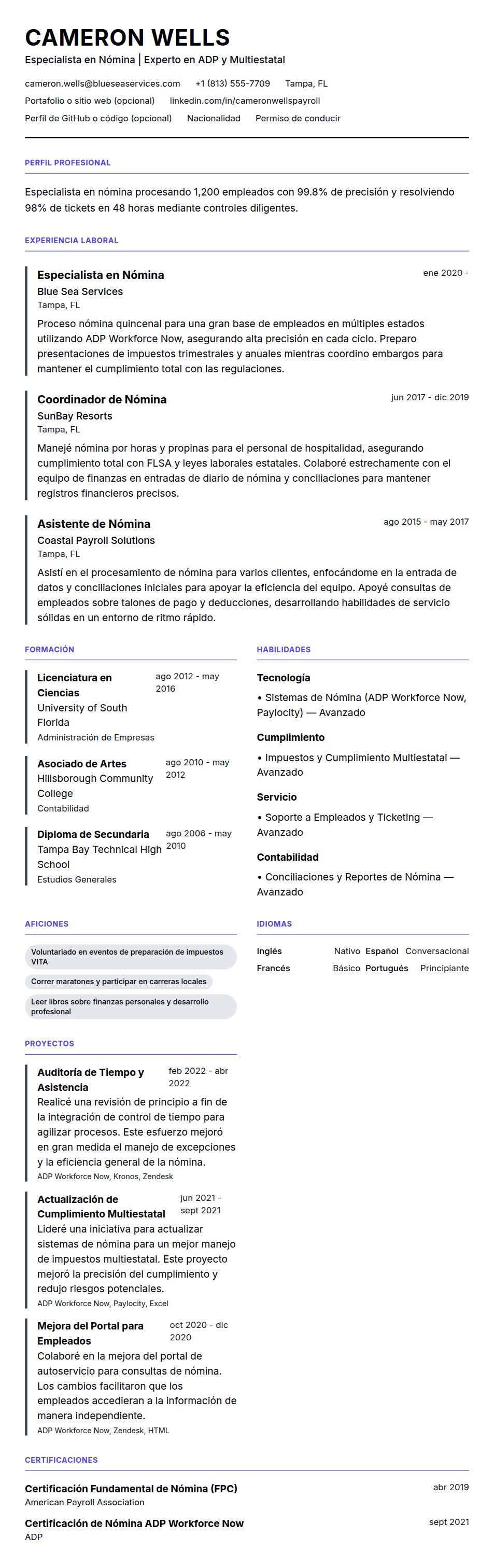 Vista previa del currículum Ejemplo de Currículum de Especialista en Nómina