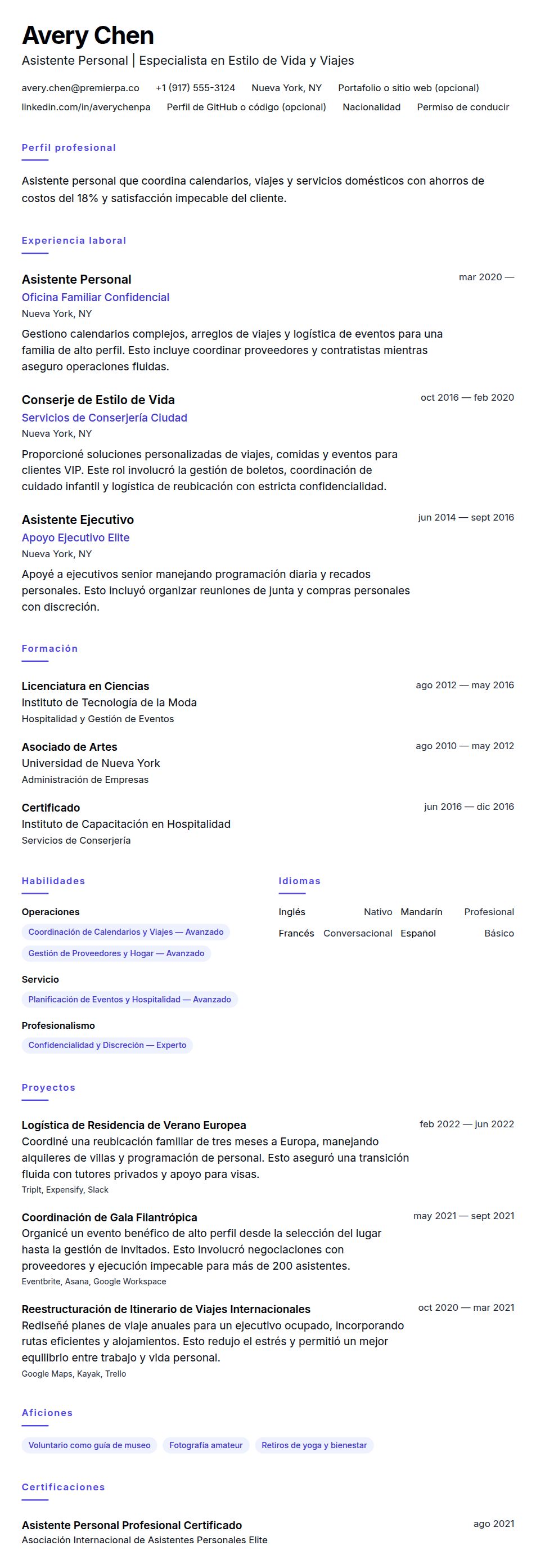 Vista previa del currículum Ejemplo de Currículum de Asistente Personal