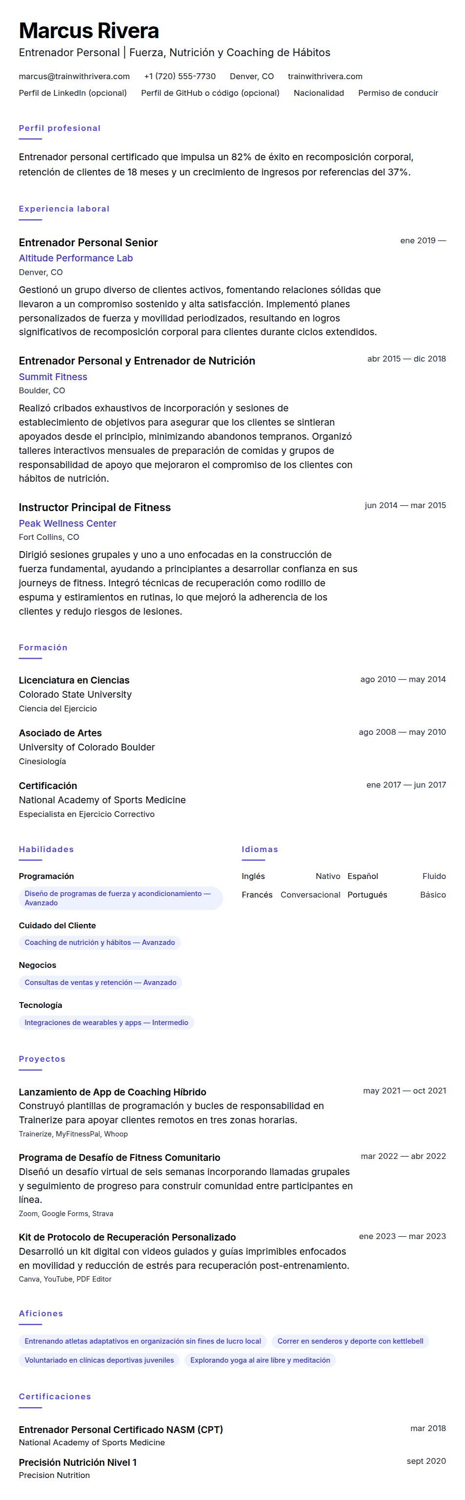 Ejemplo de Currículum de Entrenador Personal