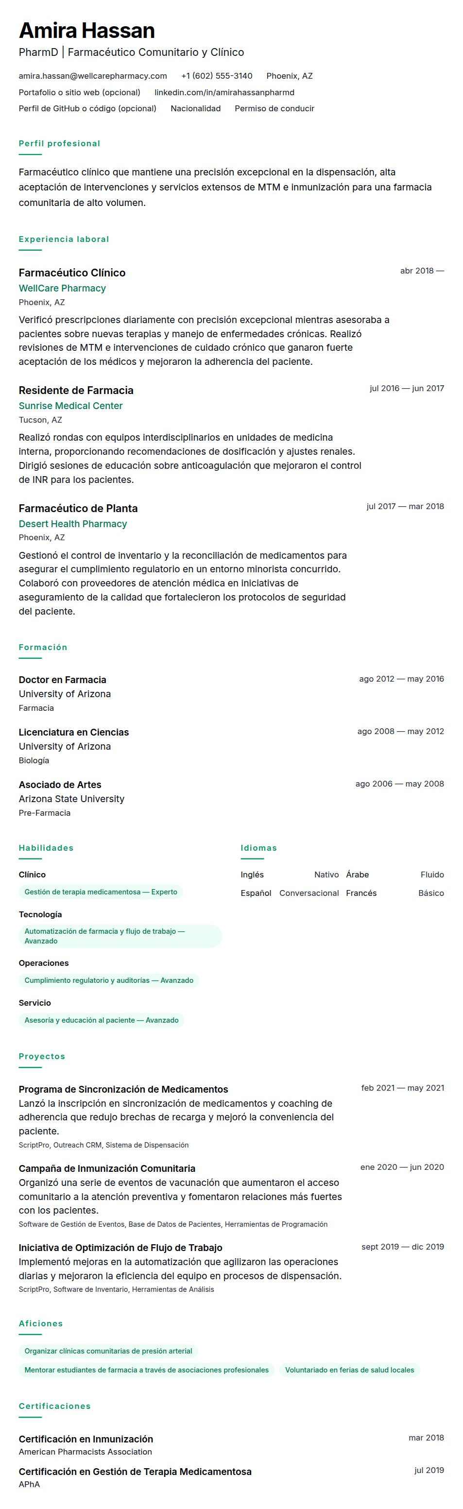 Vista previa del currículum Ejemplo de Currículum de Farmacéutico