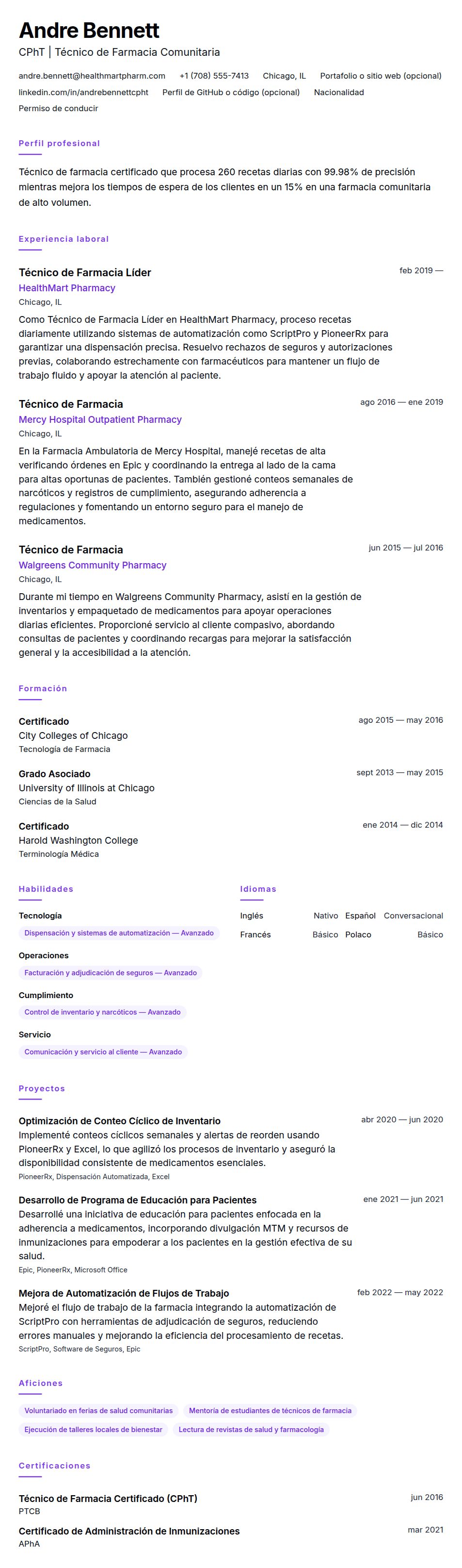 Vista previa del currículum Ejemplo de Currículum de Técnico de Farmacia