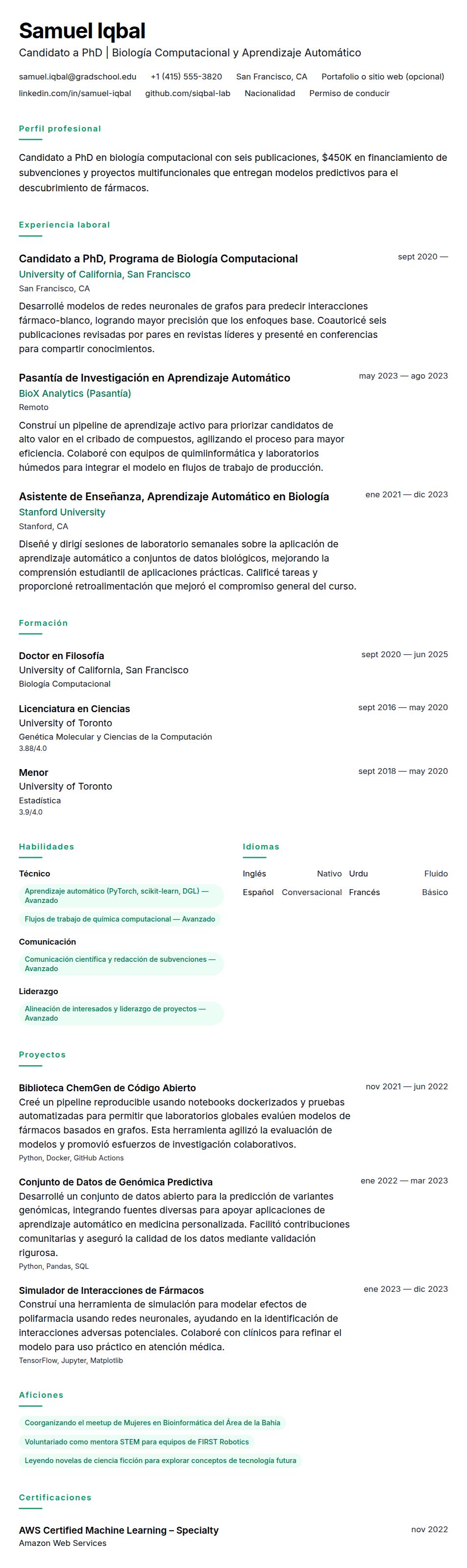 Ejemplo de Currículum de PhD