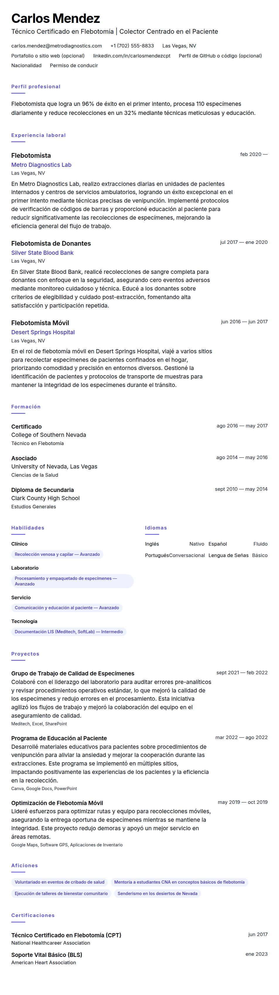Vista previa del currículum Ejemplo de Currículum de Flebotomista