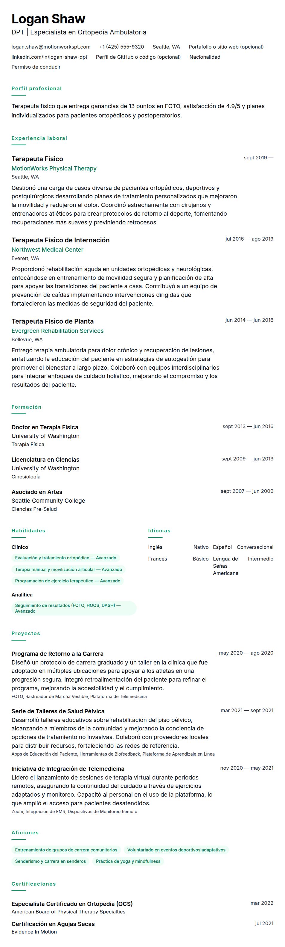 Vista previa del currículum Ejemplo de Currículum de Terapeuta Físico