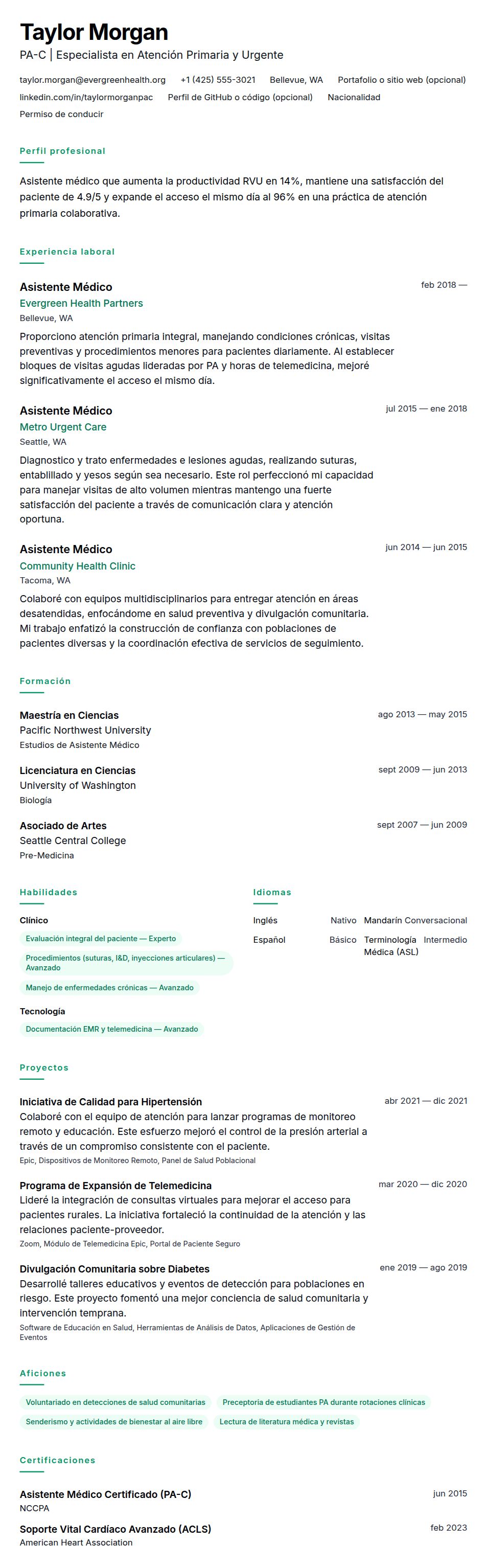 Vista previa del currículum Ejemplo de Currículum de Asistente Médico