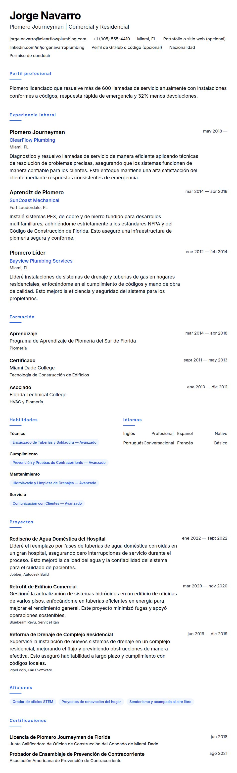 Vista previa del currículum Ejemplo de Currículum de Plomero