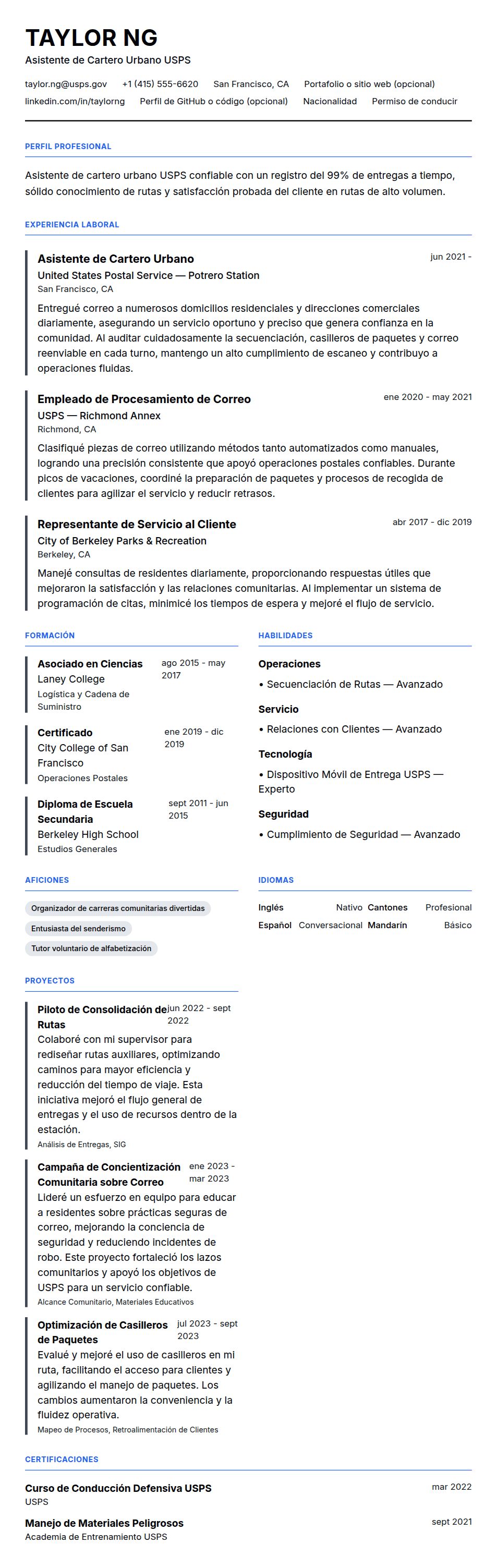 Ejemplo de Currículum de Trabajador del Servicio Postal