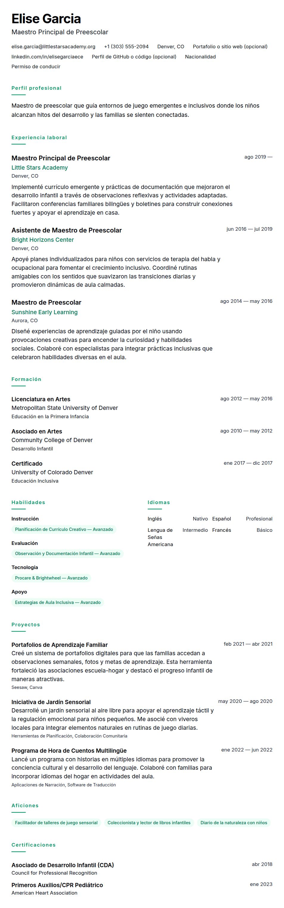 Vista previa del currículum Ejemplo de Currículum de Maestro de Preescolar