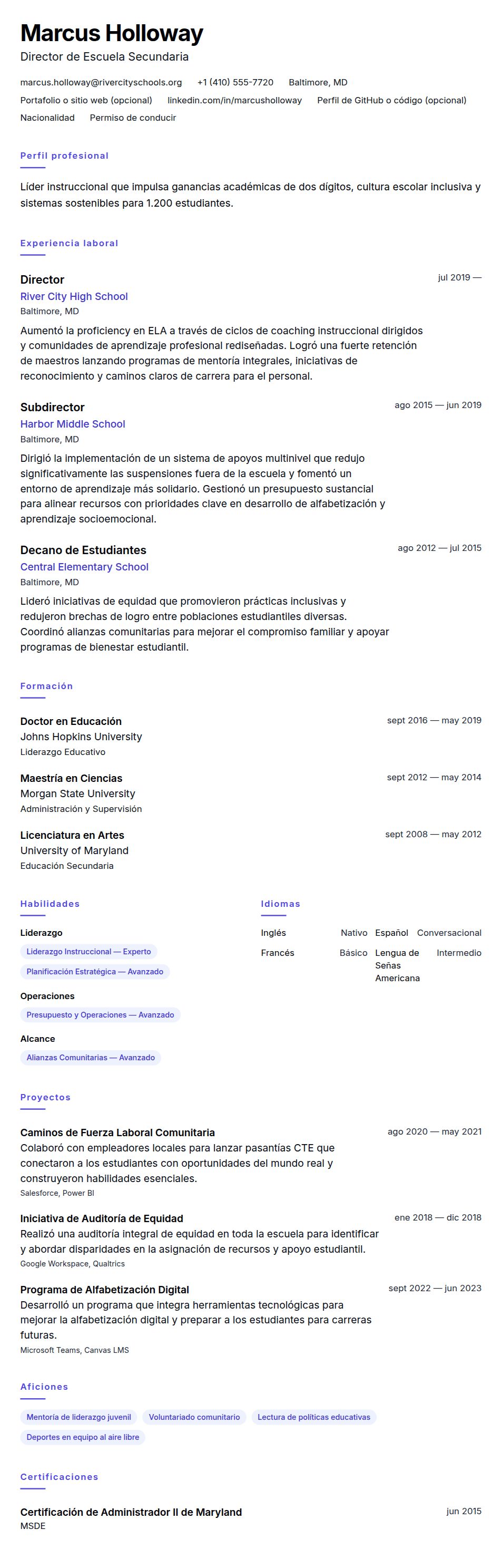 Vista previa del currículum Ejemplo de Currículum de Director