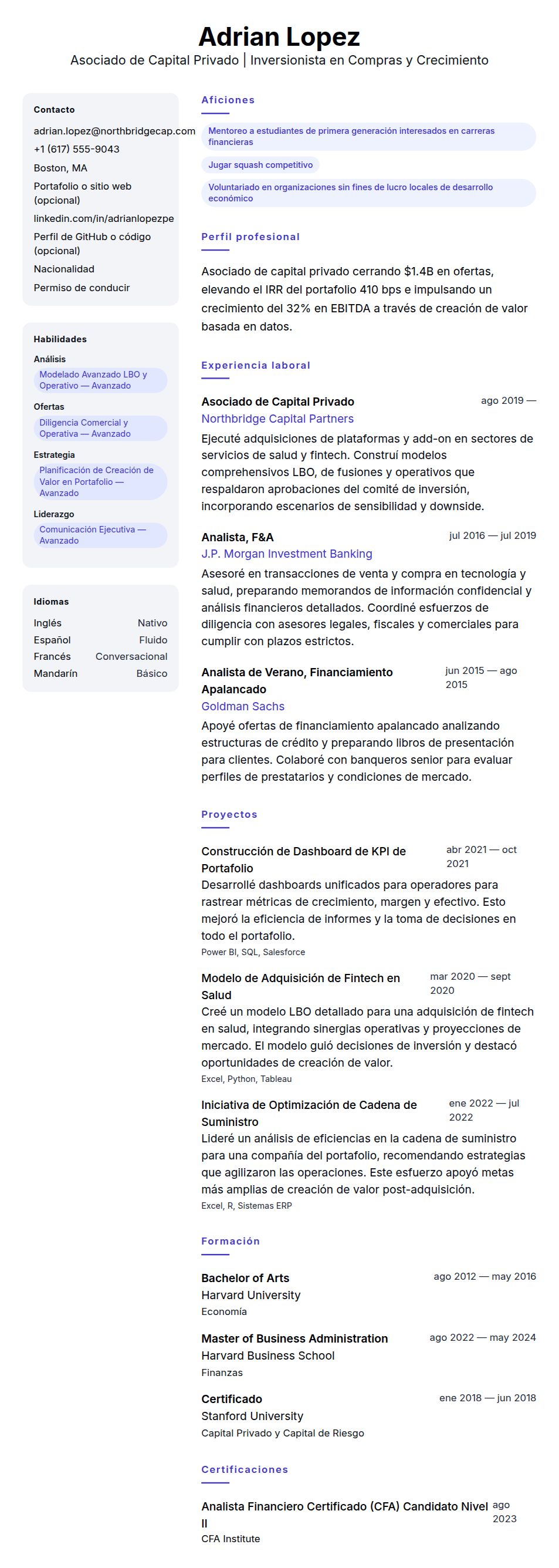 Ejemplo de Currículum de Asociado de Capital Privado