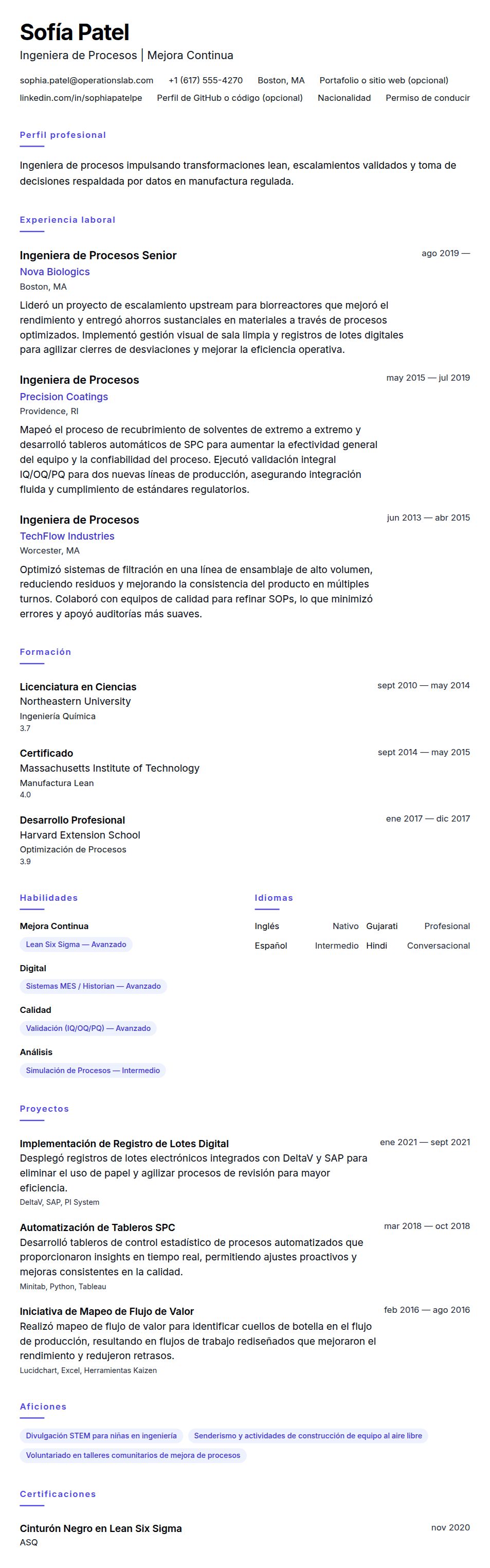Ejemplo de Currículum de Ingeniero de Procesos