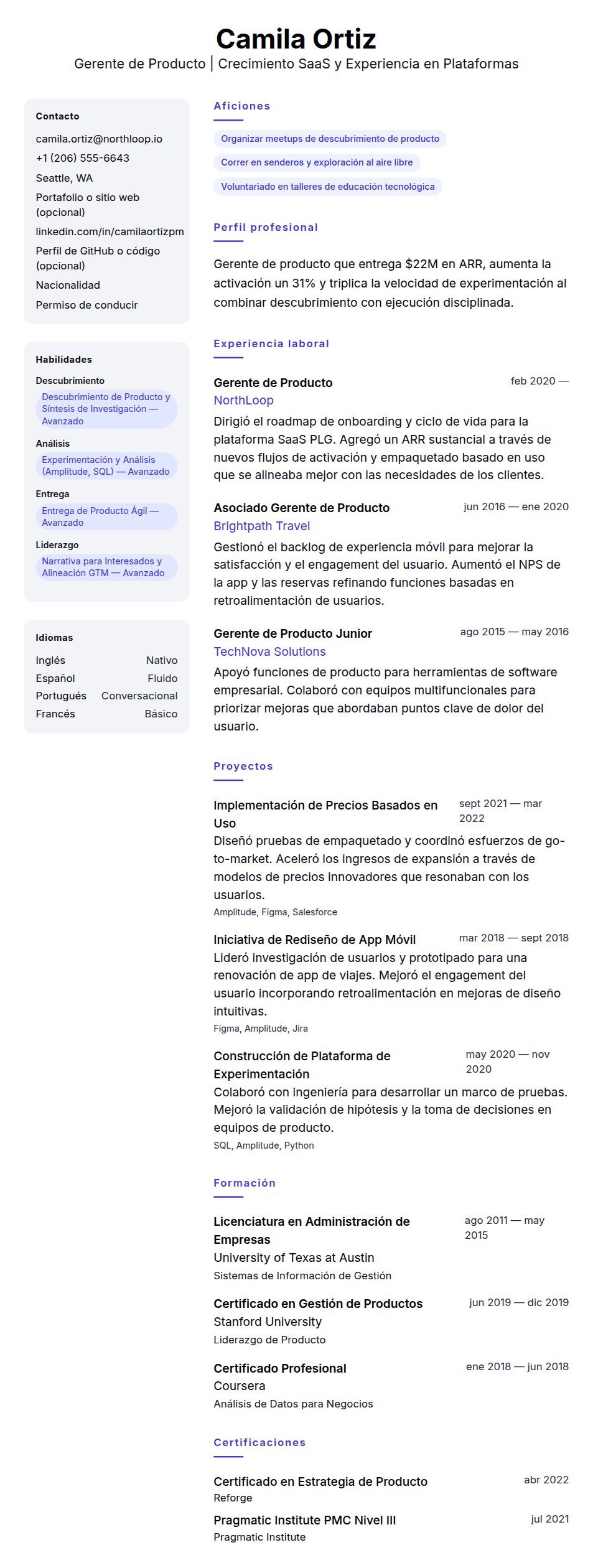 Vista previa del currículum Ejemplo de Currículum de Gerente de Producto