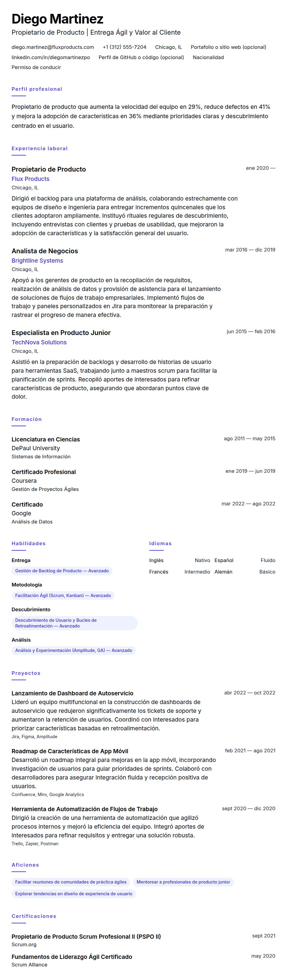 Vista previa del currículum Ejemplo de Currículum de Propietario de Producto