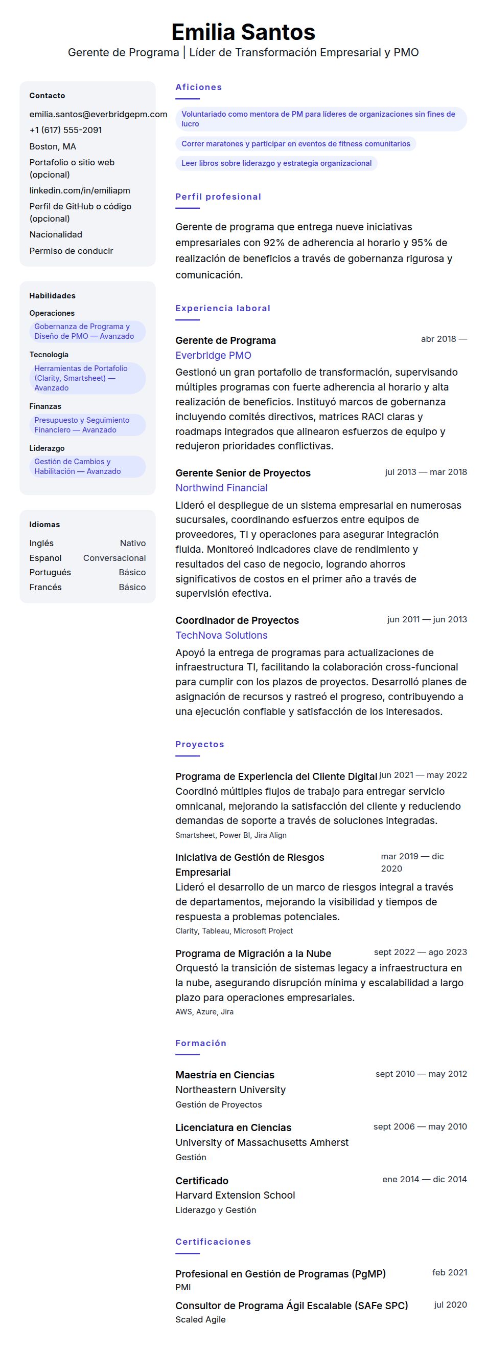 Vista previa del currículum Ejemplo de Currículum de Gerente de Programa