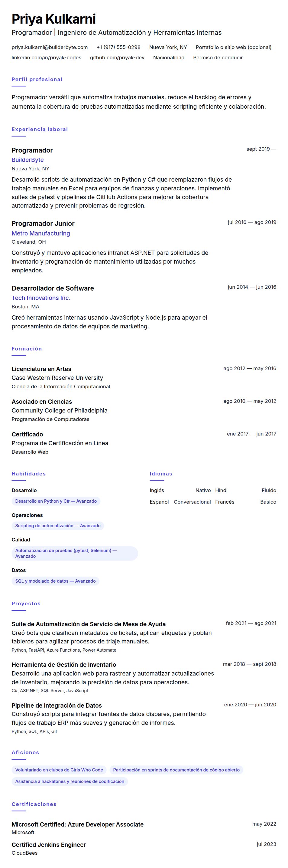 Vista previa del currículum Ejemplo de Currículum de Programador