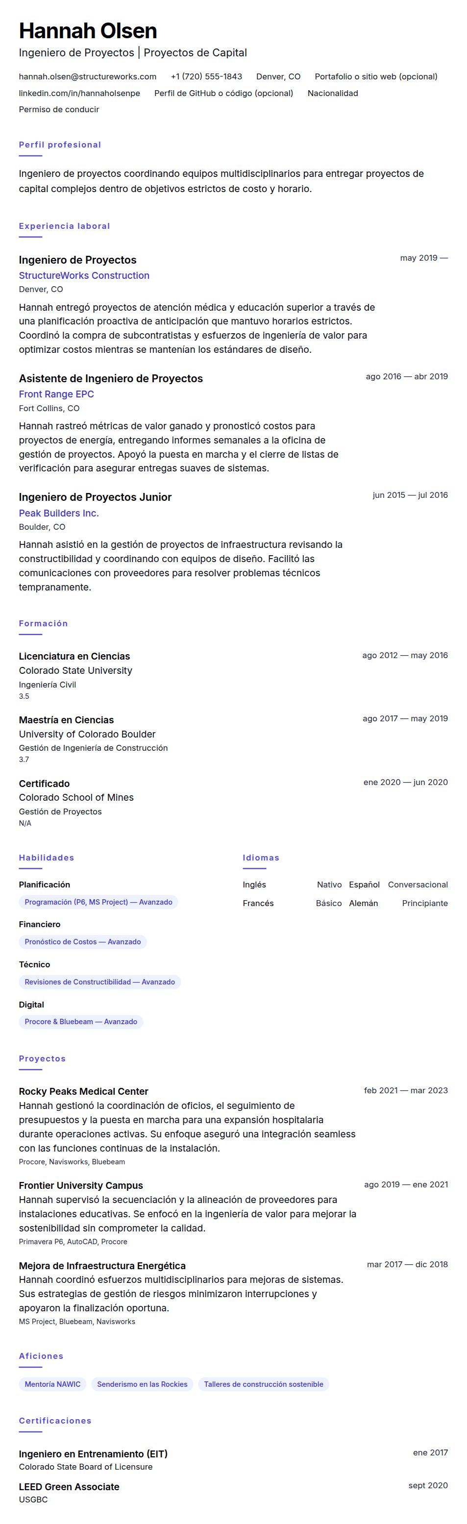 Vista previa del currículum Ejemplo de Currículum de Ingeniero de Proyectos